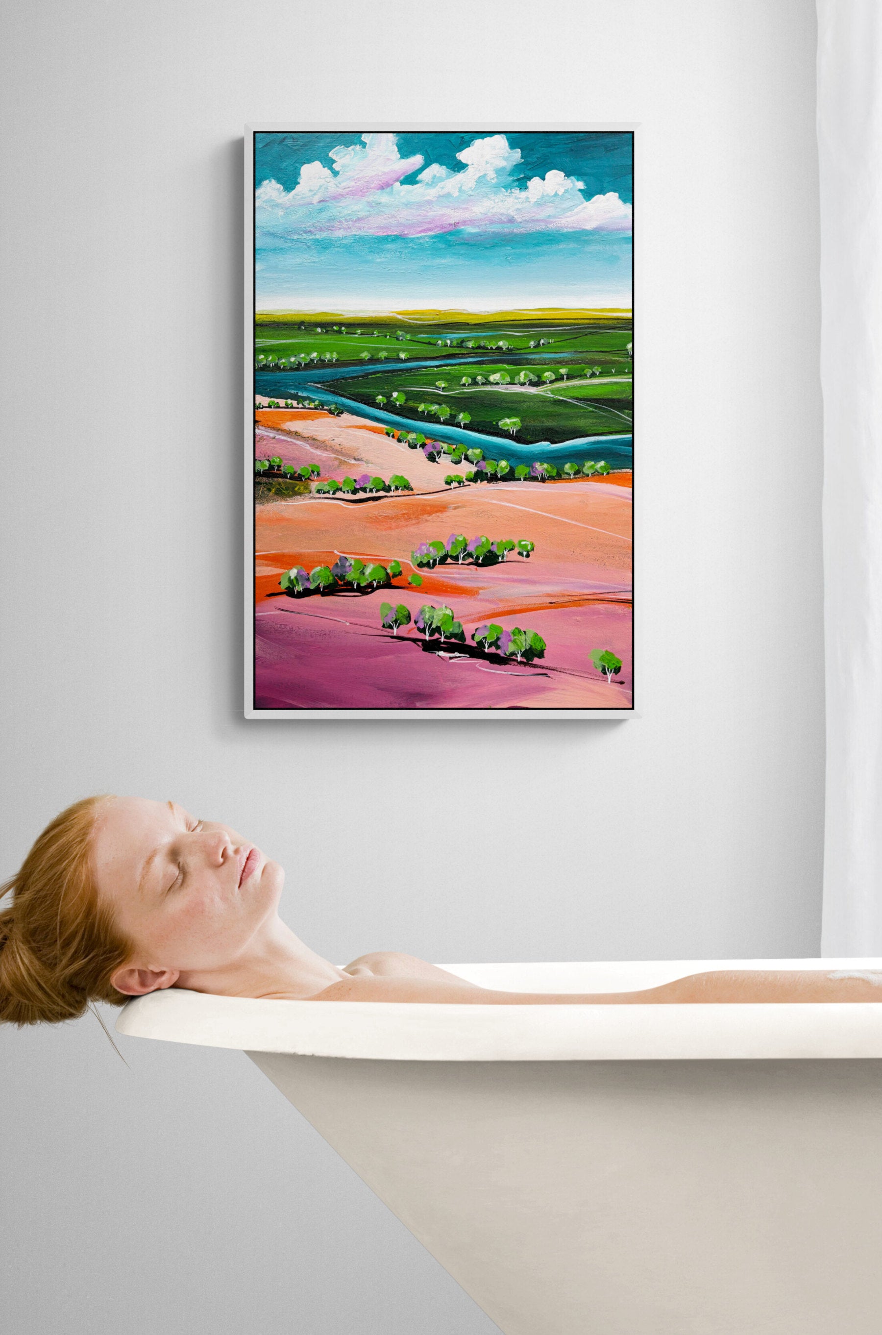 Whispers Of The Horizon by Australian artist Tania Chanter, acrylic on canvas, 40x60cm, colourful abstract landscape. 