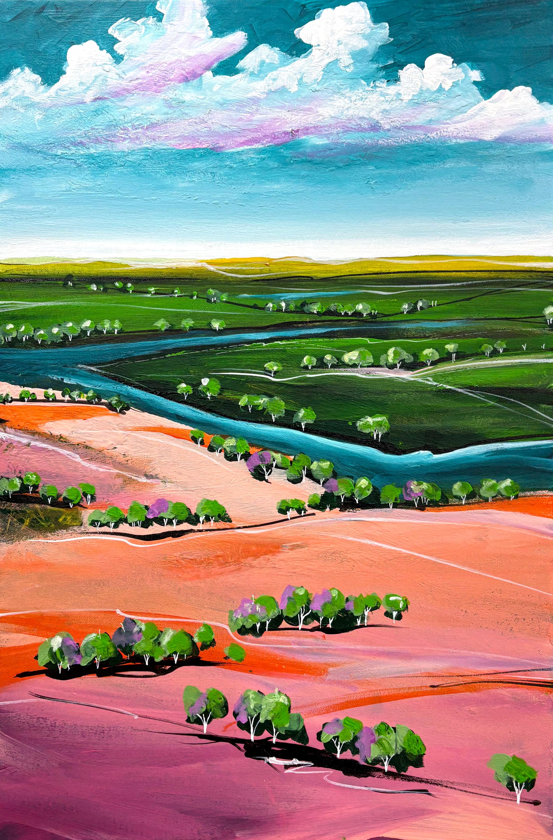 Whispers Of The Horizon by Australian artist Tania Chanter, acrylic on canvas, 40x60cm, colourful abstract landscape. 