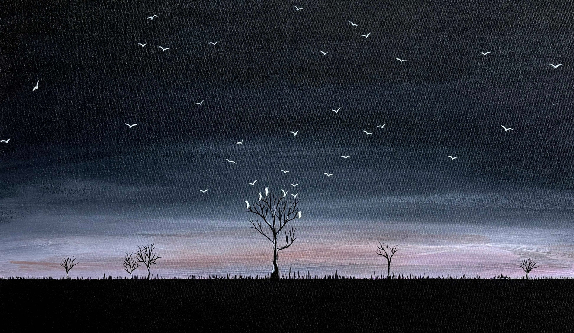 Close up of layers, detail and texture for The Wings Between Us by Tania Chanter, textured abstract landscape painting with black edges, dramatic sky, birds in flight and Australian-inspired horizon
