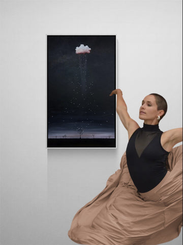 The Wings Between Us by Tania Chanter, textured abstract landscape painting with black edges, dramatic sky, birds in flight and Australian-inspired horizon
