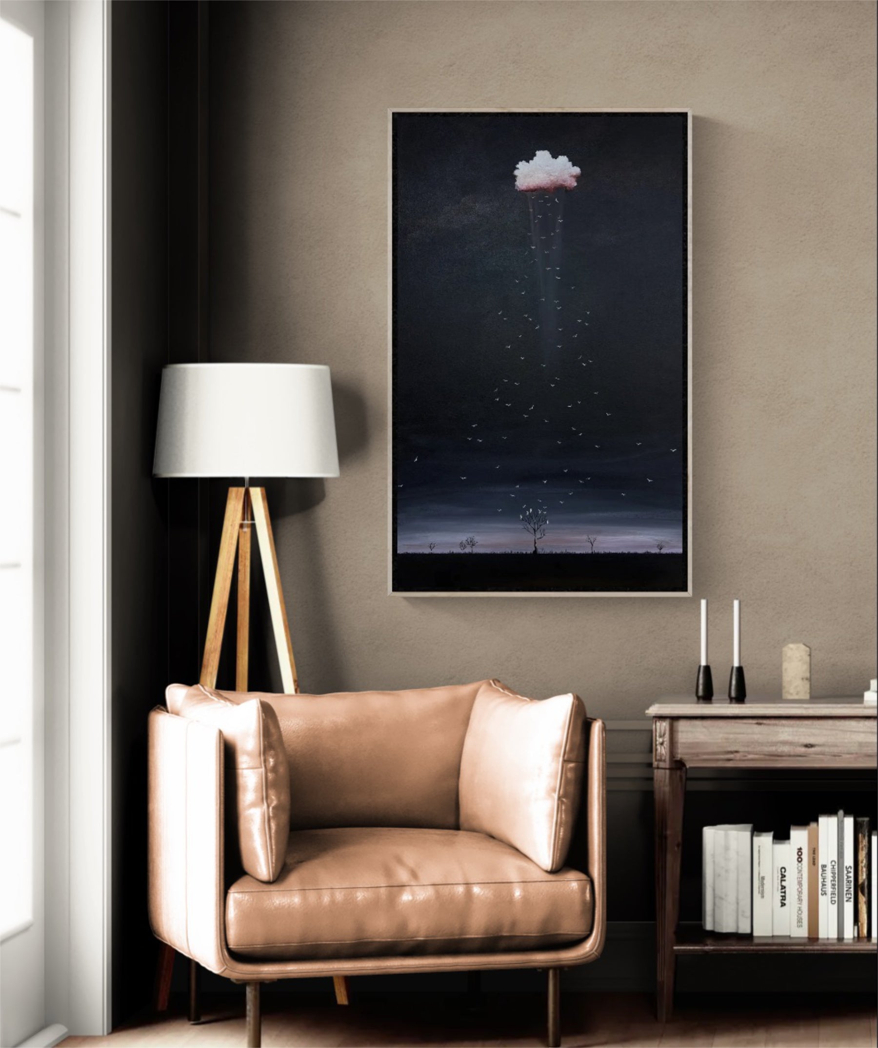The Wings Between Us by Tania Chanter, textured abstract landscape painting with black edges, dramatic sky, birds in flight and Australian-inspired horizon
