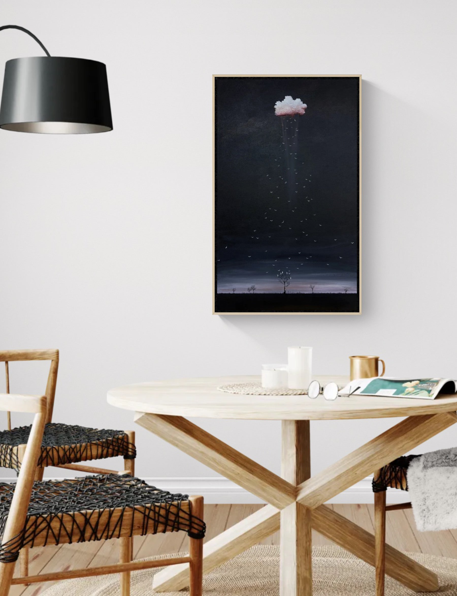 The Wings Between Us by Tania Chanter, textured abstract landscape painting with black edges, dramatic sky, birds in flight and Australian-inspired horizon
