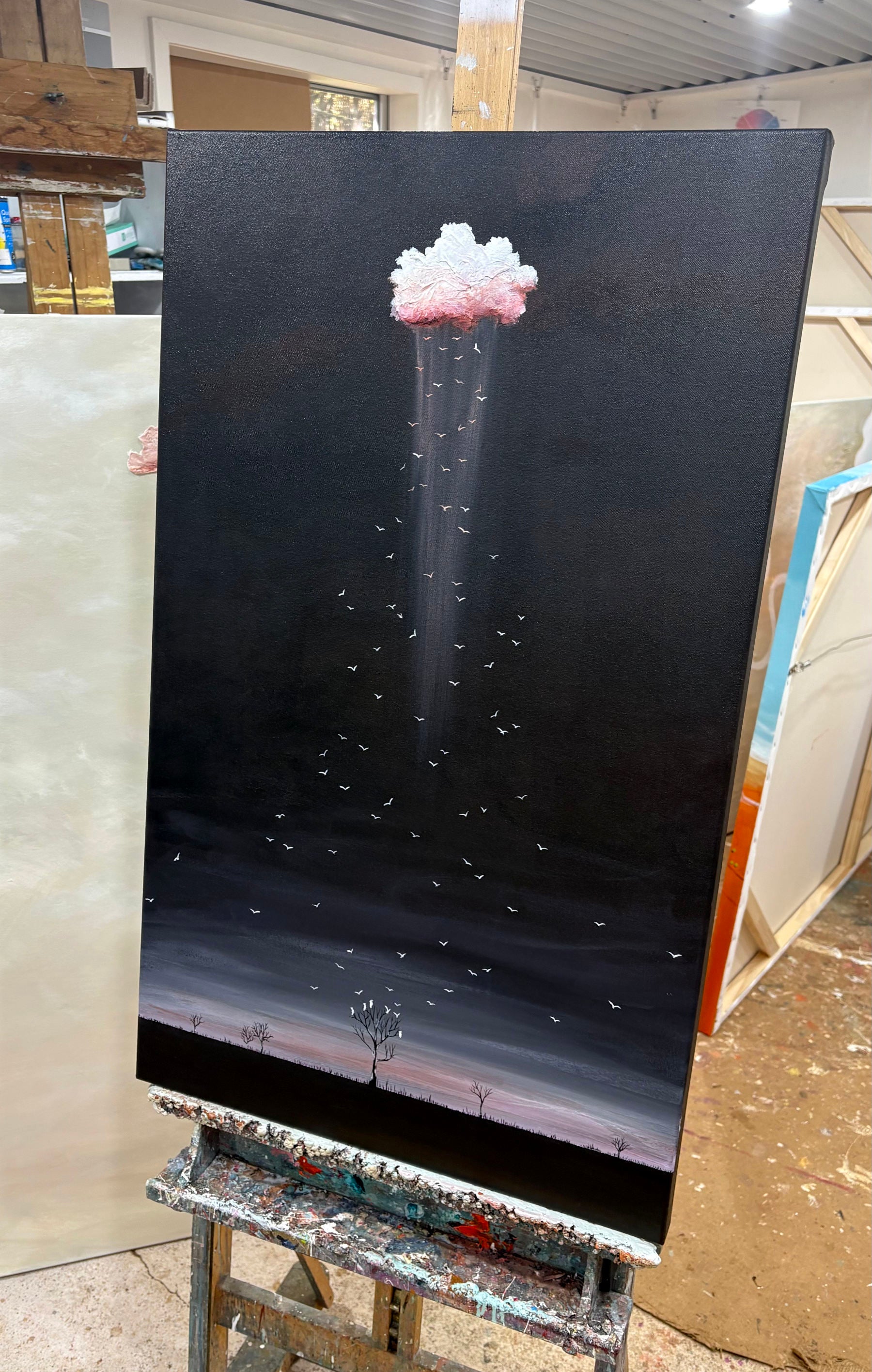 The Wings Between Us by Tania Chanter, textured abstract landscape painting with black edges, dramatic sky, birds in flight and Australian-inspired horizon
