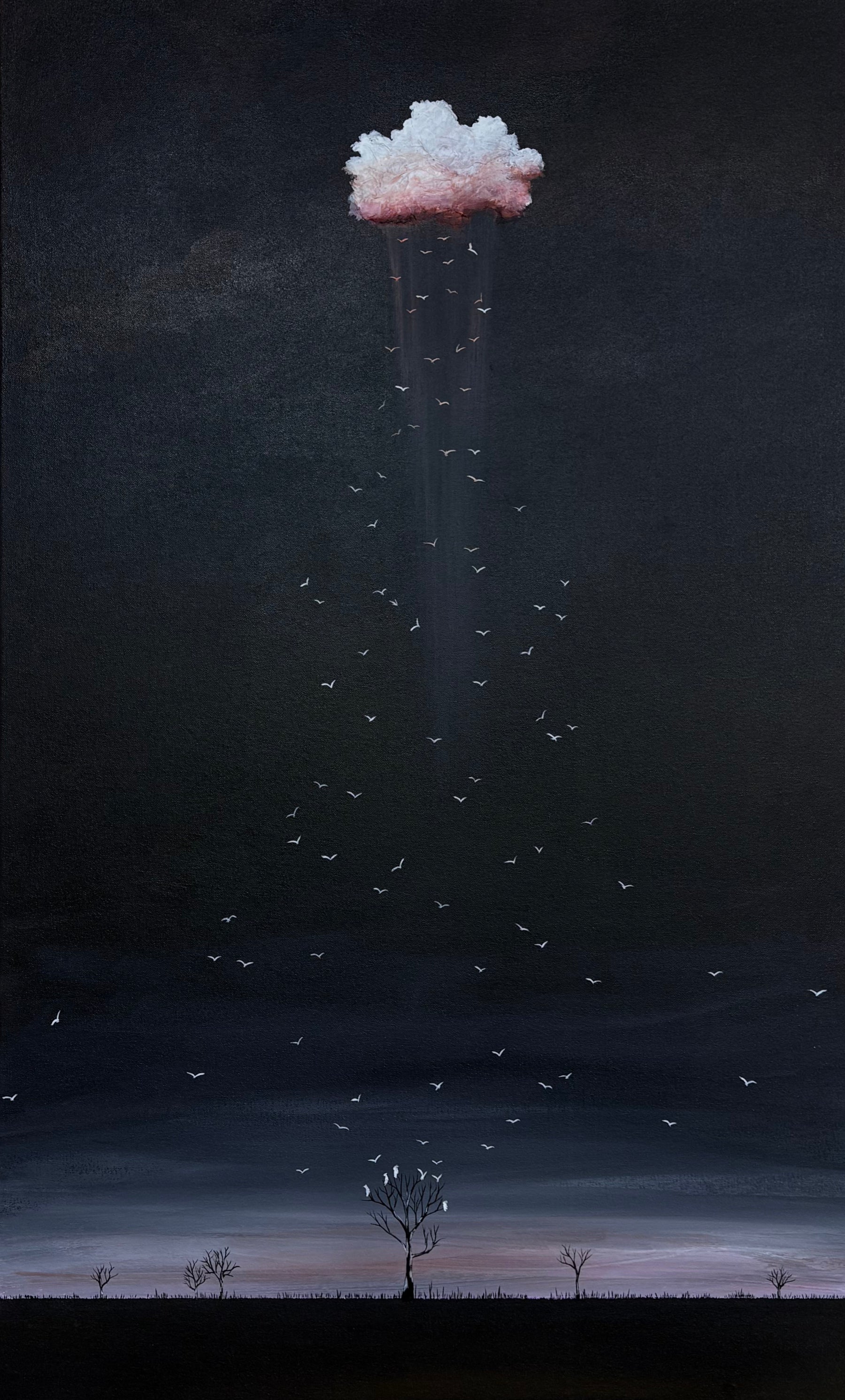 The Wings Between Us by Tania Chanter, textured abstract landscape painting with black edges, dramatic sky, birds in flight and Australian-inspired horizon
