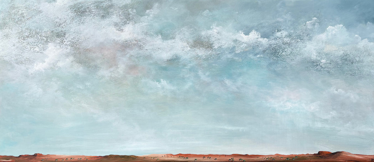 An expansive landscape painting featuring a dramatic, textured sky with swirling clouds in shades of blue, gray, and white, with a low, reddish-brown desert horizon line at the bottom.