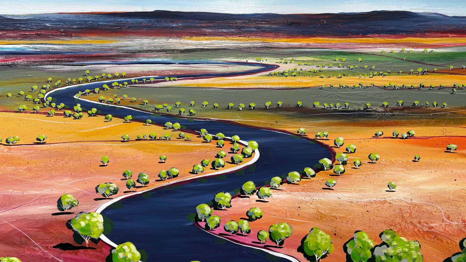 Clos cup of layers, detail and texture on Dawn's Serene Embrace by Australian artist Tania Chanter, 170x80cm, acrylic on canvas, colourful abstract landscape.