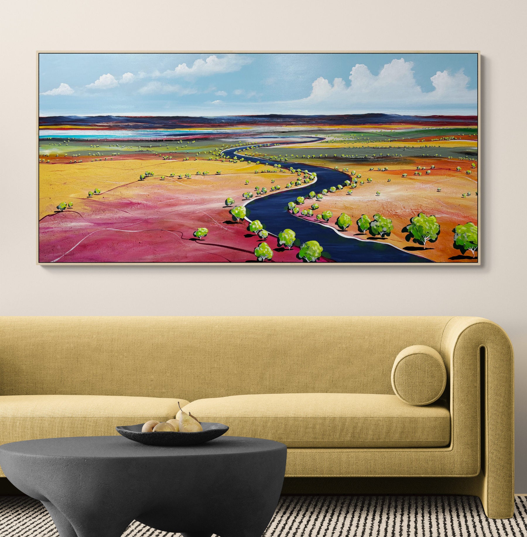 Dawn's Serene Embrace by Australian artist Tania Chanter, 170x80cm, acrylic on canvas, colourful abstract landscape.