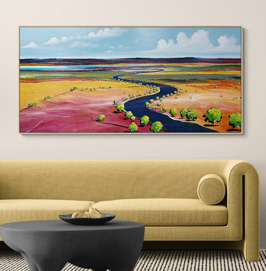 Dawn's Serene Embrace by Australian artist Tania Chanter, 170x80cm, acrylic on canvas, colourful abstract landscape.