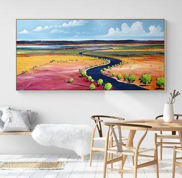 Dawn's Serene Embrace by Australian artist Tania Chanter, 170x80cm, acrylic on canvas, colourful abstract landscape.
