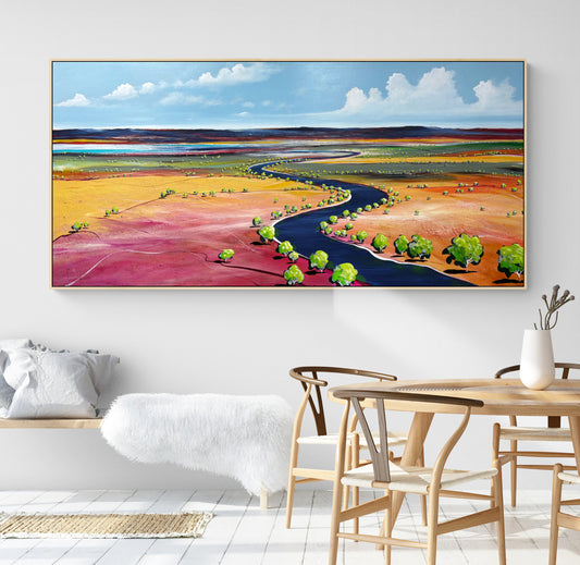 Dawn's Serene Embrace by Australian artist Tania Chanter, 170x80cm, acrylic on canvas, colourful abstract landscape.
