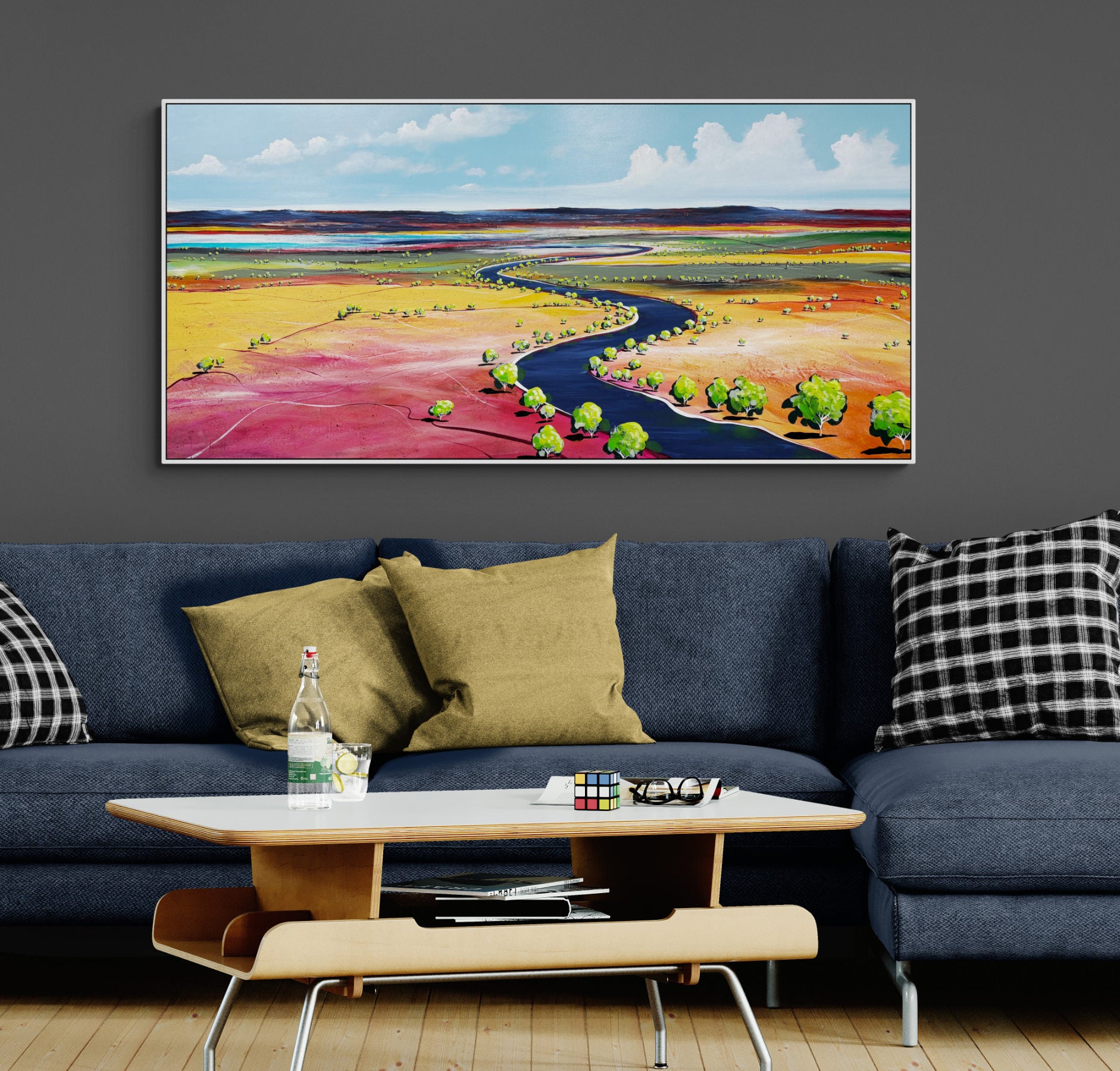 Dawn's Serene Embrace by Australian artist Tania Chanter, 170x80cm, acrylic on canvas, colourful abstract landscape.