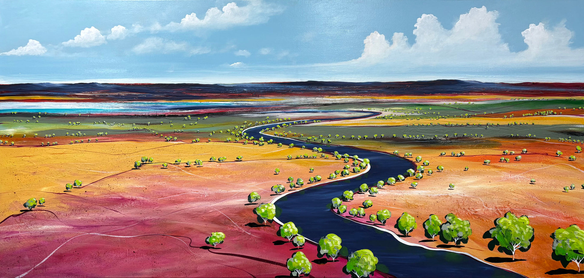 Colorful landscape painting of a river flowing through a valley with trees and fields.