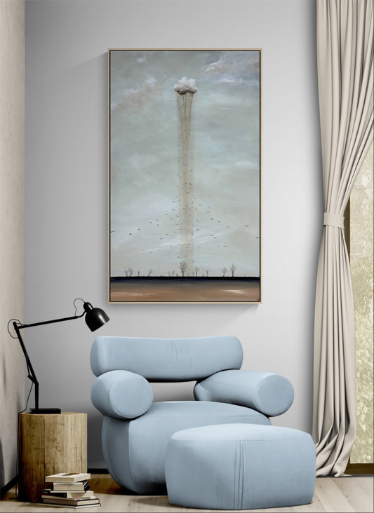 “Where Hope Takes Flight” by Tania Chanter, an atmospheric abstract acrylic landscape with layered texture, soft tonal shifts, rain and birds above the horizon.