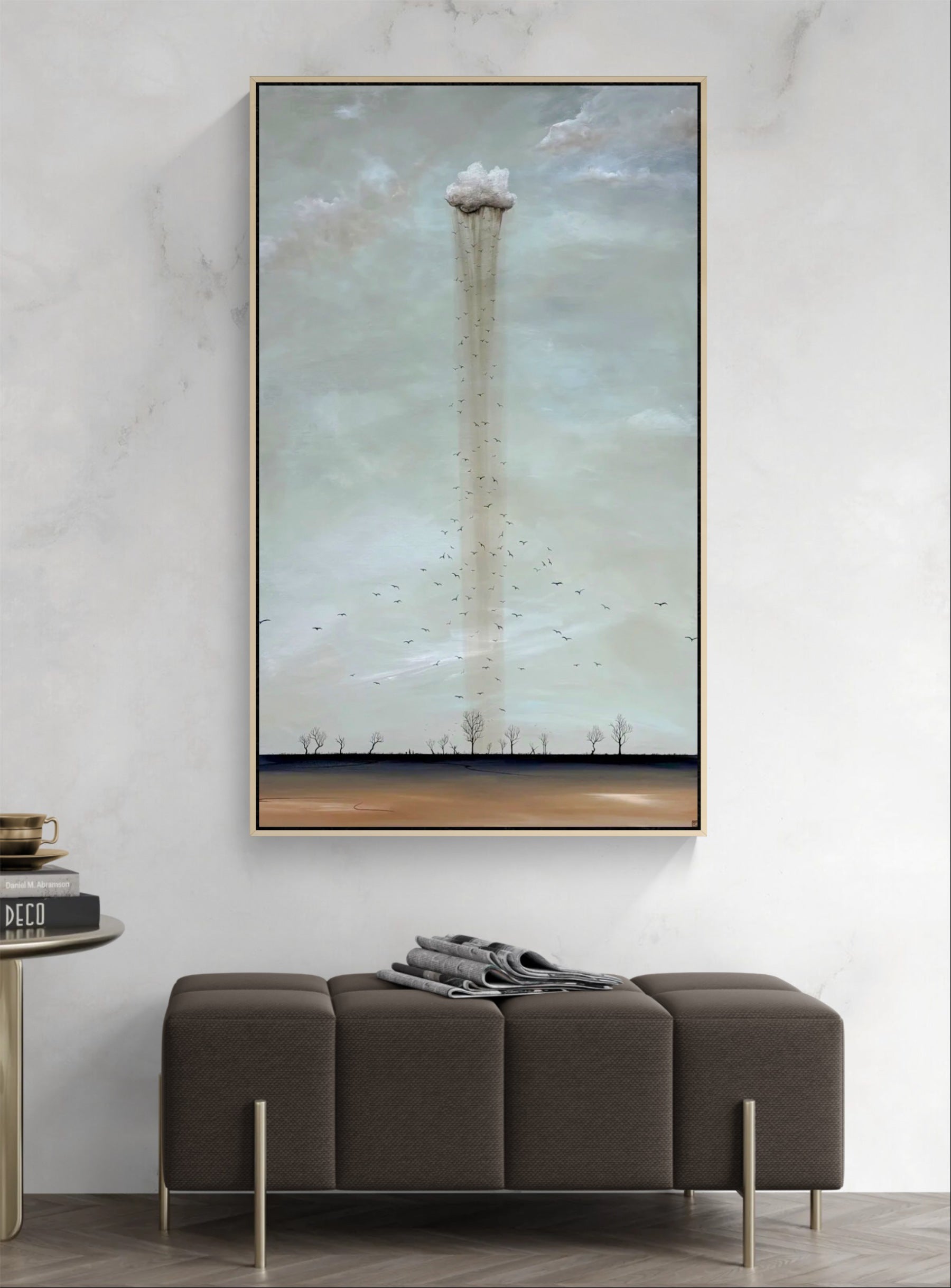 Abstract landscape artwork “Where Hope Takes Flight” by Australian artist Tania Chanter, featuring a serene horizon, textured cloud and birds taking flight.
