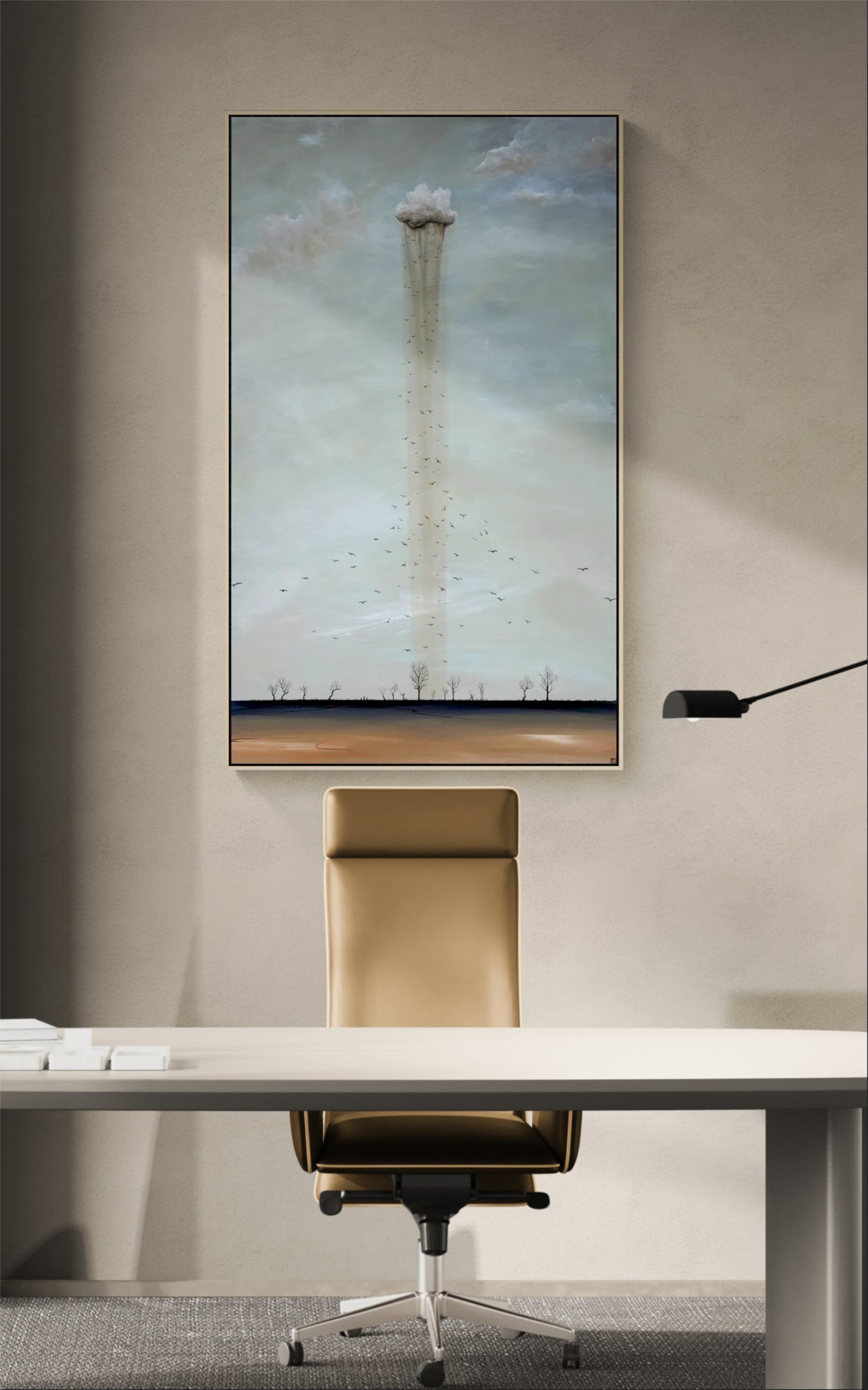 Abstract landscape artwork “Where Hope Takes Flight” by Australian artist Tania Chanter, featuring a serene horizon, textured cloud and birds taking flight.