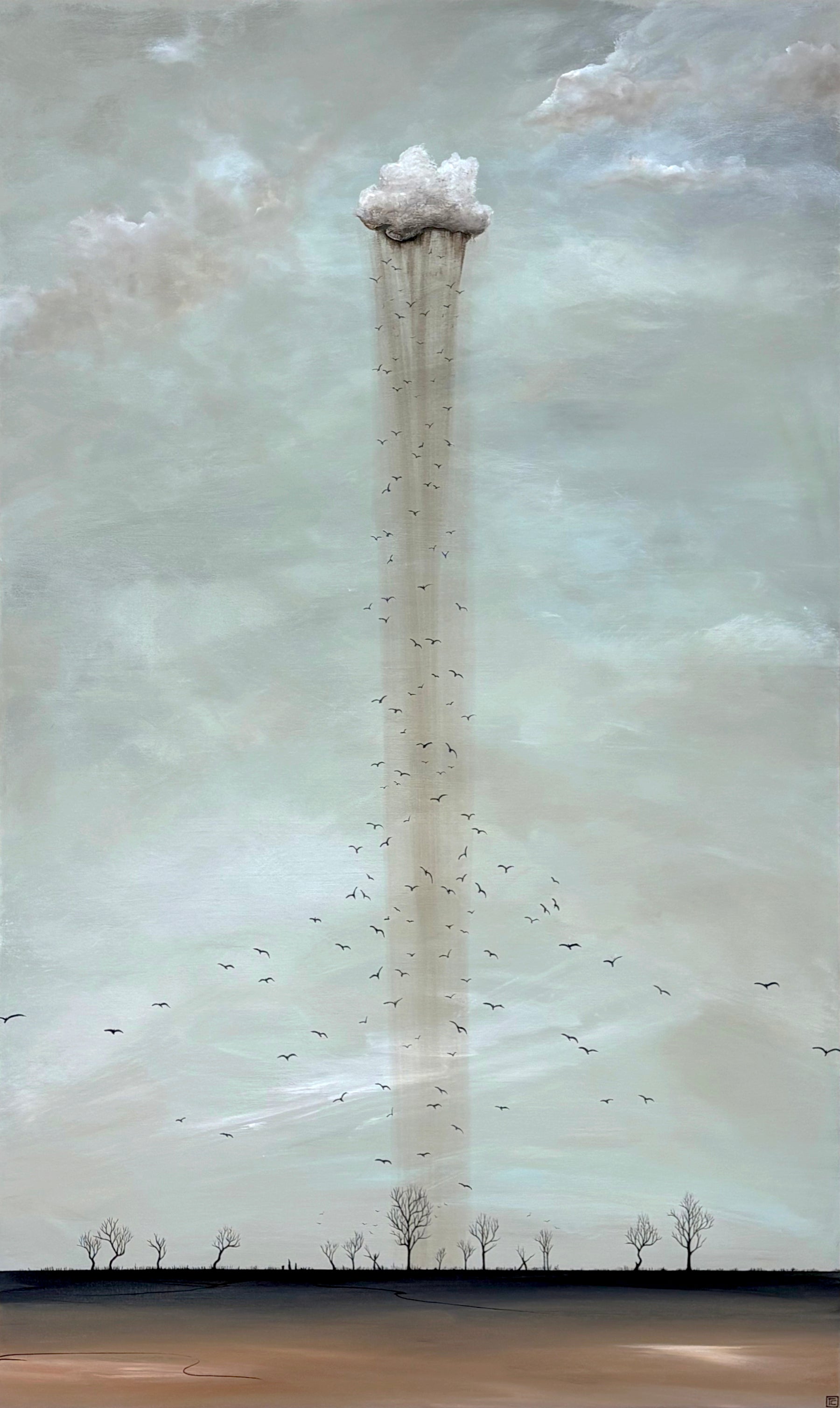 Original acrylic painting “Where Hope Takes Flight” by Tania Chanter, showing a richly textured cloud releasing rain over a peaceful landscape with trees and flying birds.