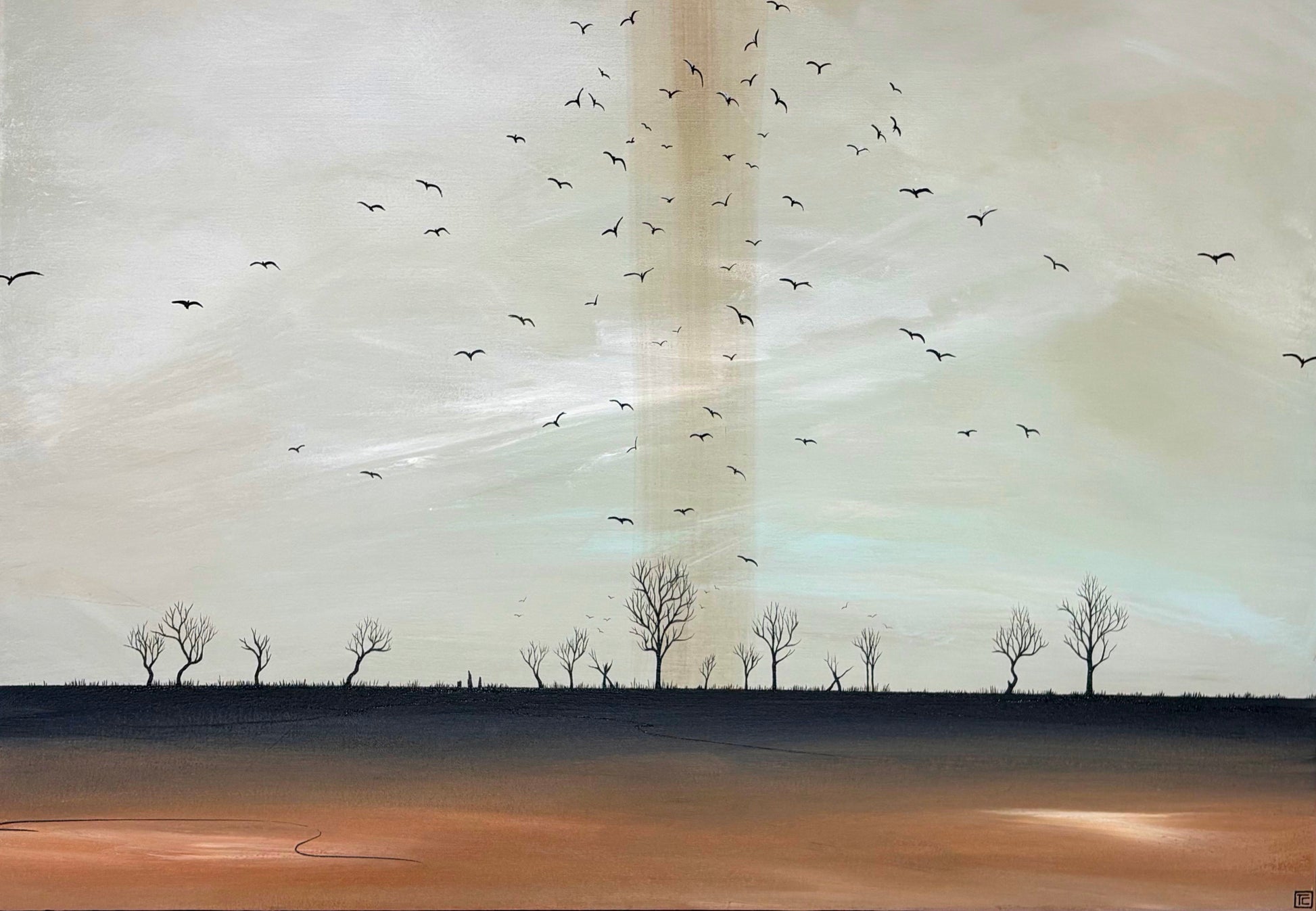 Close-up detail of layered texture and subtle tonal shifts in “Where Hope Takes Flight” by Tania Chanter.