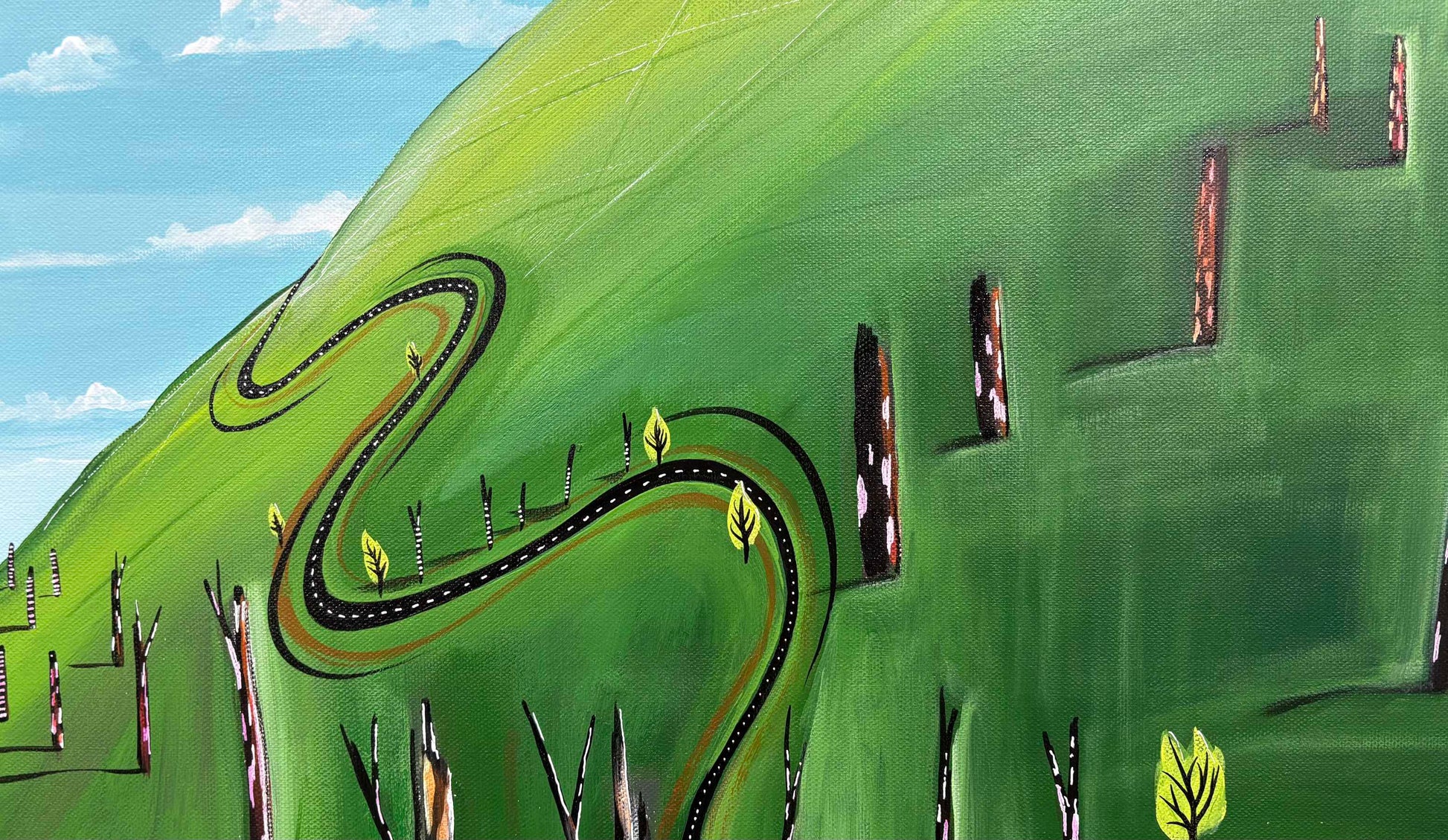 Close up of layers, detail on The Road That Skipped Away by Australian artist Tania Chanter, original, acrylic on canvas, whimsical abstract landscape 51x77cm.