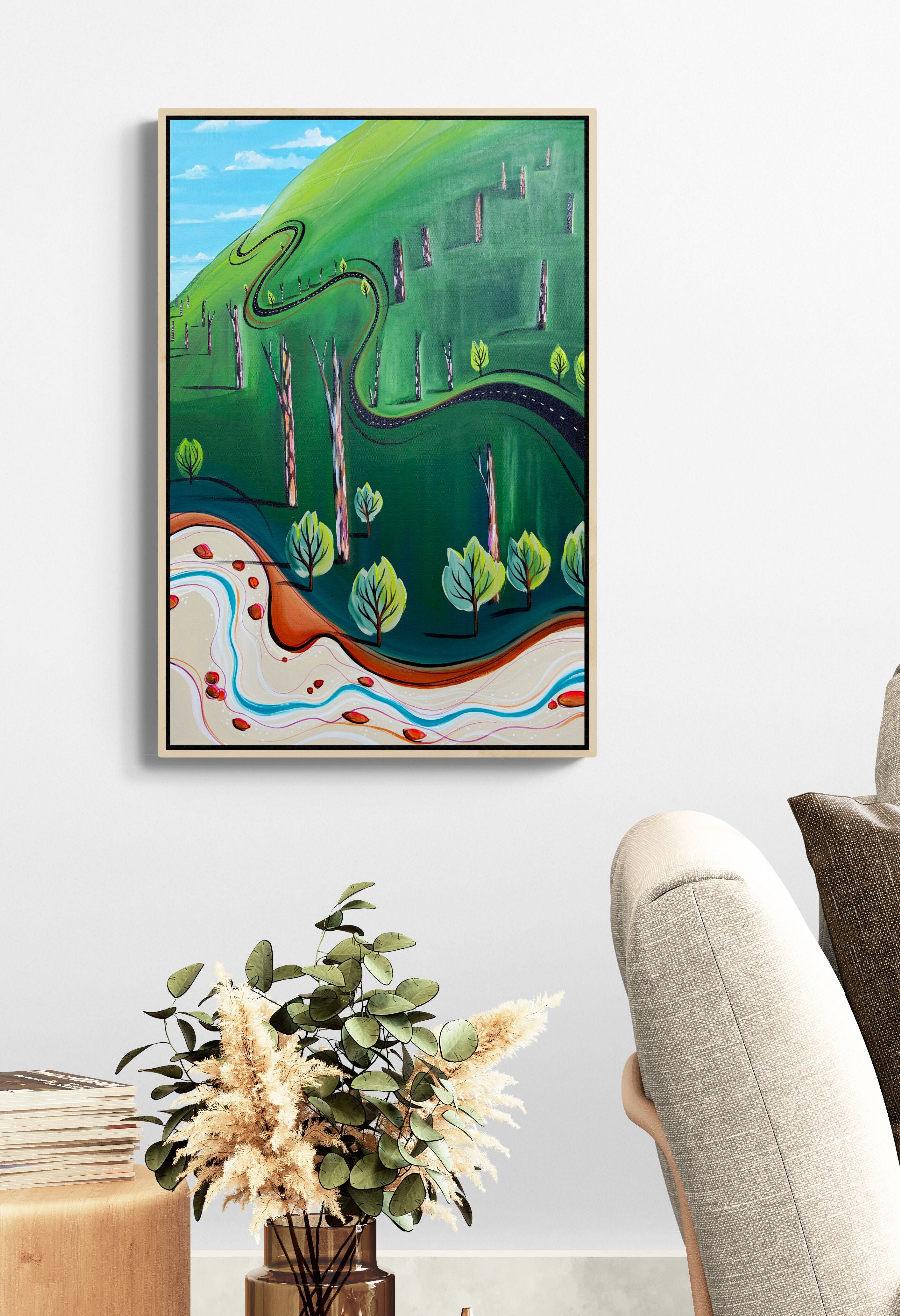 The Road That Skipped Away by Australian artist Tania Chanter, original, acrylic on canvas, whimsical abstract landscape 51x77cm.
