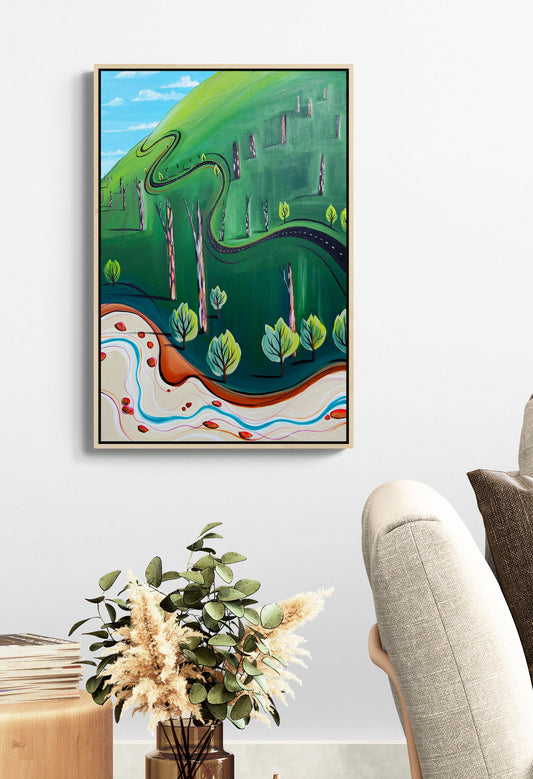 The Road That Skipped Away by Australian artist Tania Chanter, original, acrylic on canvas, whimsical abstract landscape 51x77cm.