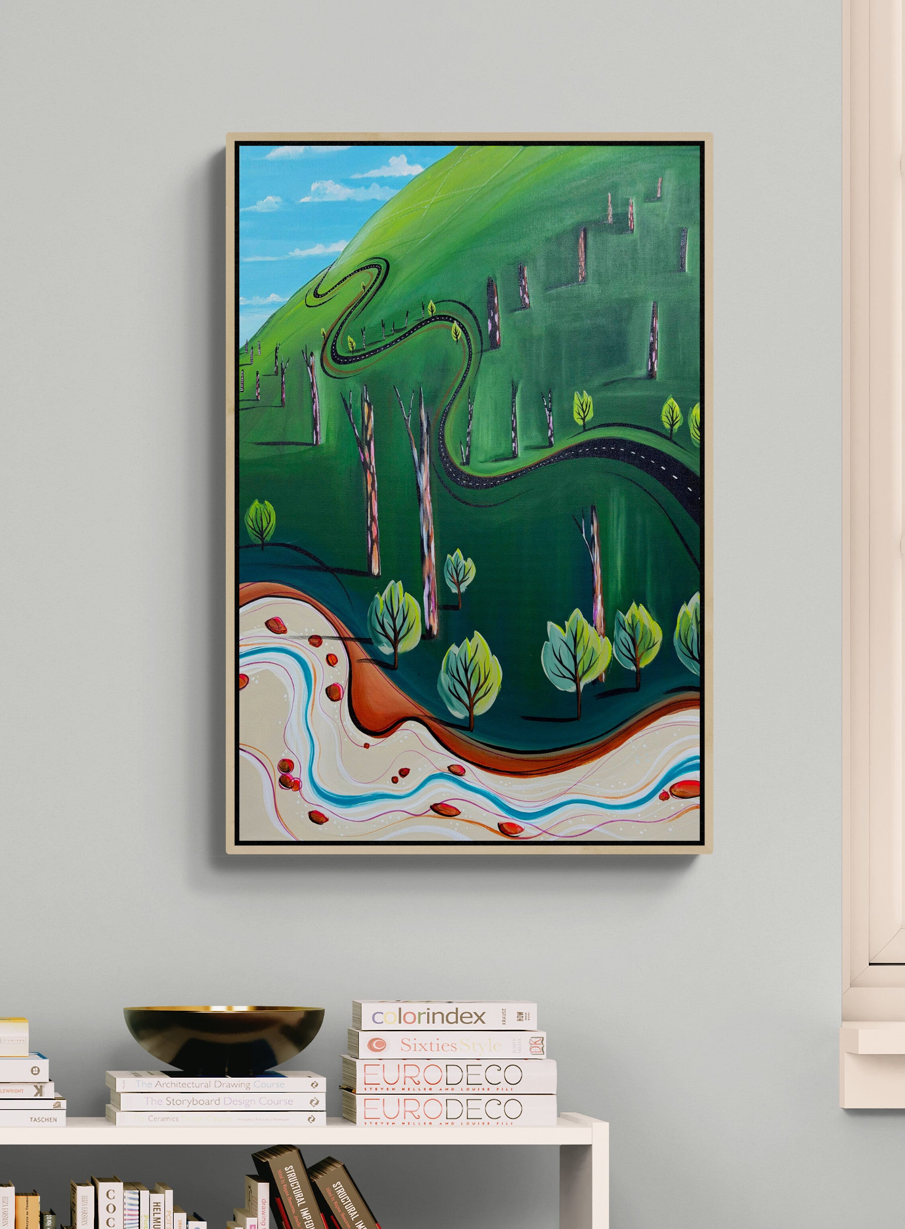 The Road That Skipped Away by Australian artist Tania Chanter, original, acrylic on canvas, whimsical abstract landscape 51x77cm.