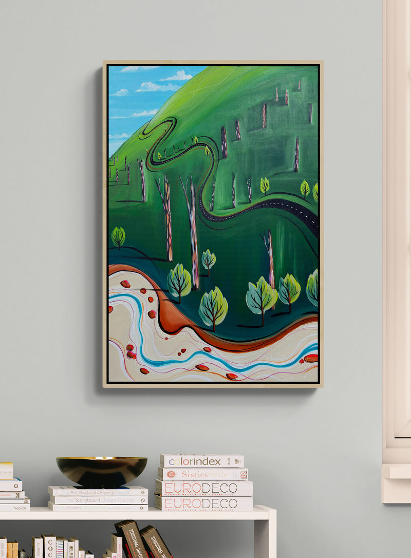 The Road That Skipped Away by Australian artist Tania Chanter, original, acrylic on canvas, whimsical abstract landscape 51x77cm.
