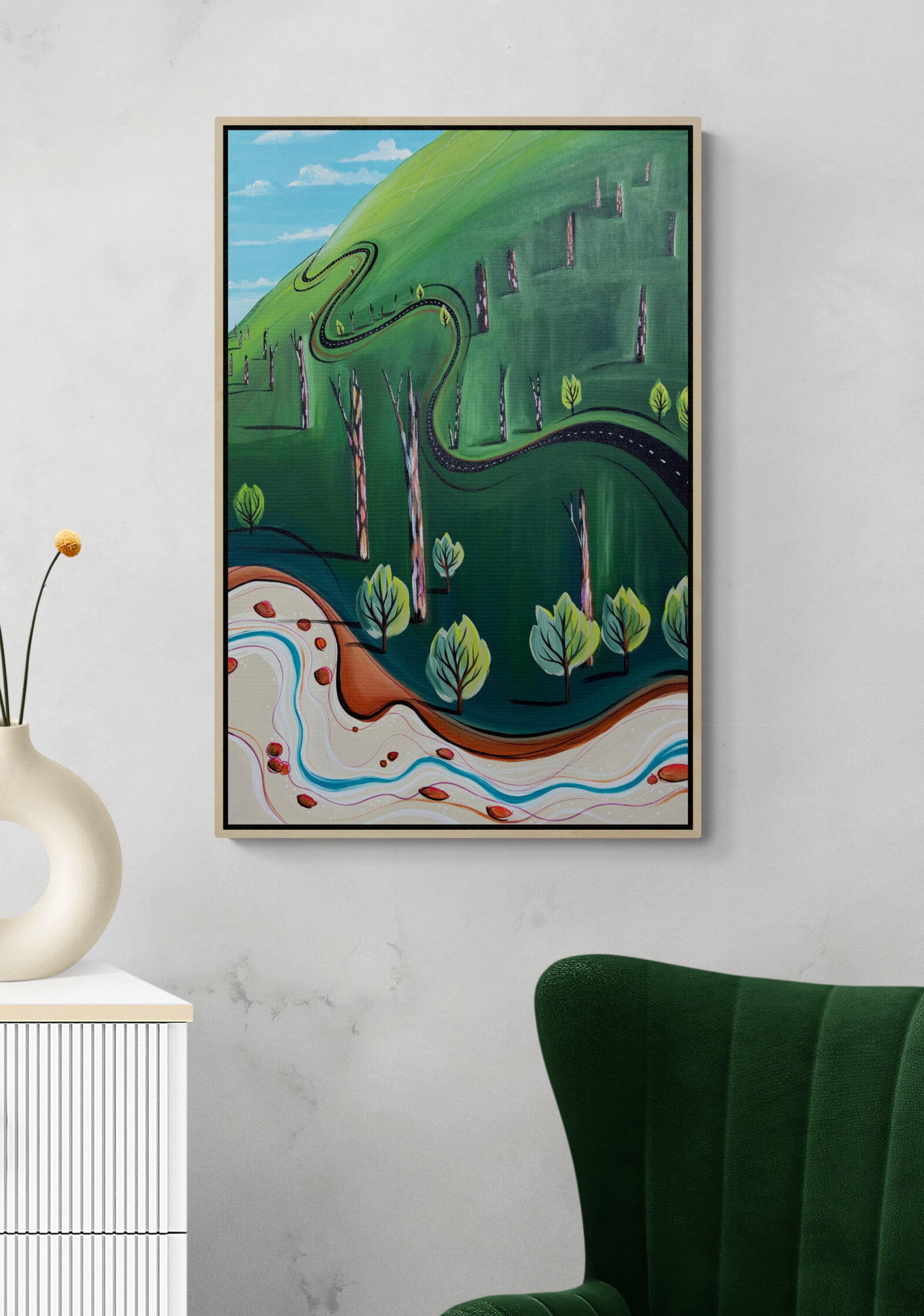 The Road That Skipped Away by Australian artist Tania Chanter, original, acrylic on canvas, whimsical abstract landscape 51x77cm.