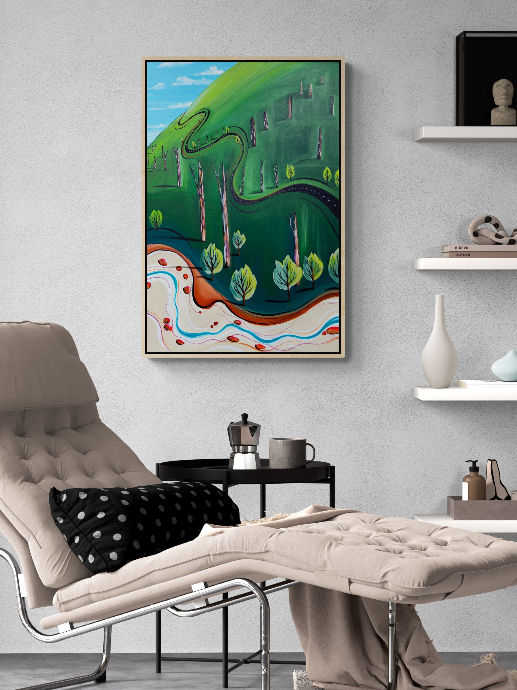 The Road That Skipped Away by Australian artist Tania Chanter, original, acrylic on canvas, whimsical abstract landscape 51x77cm.
