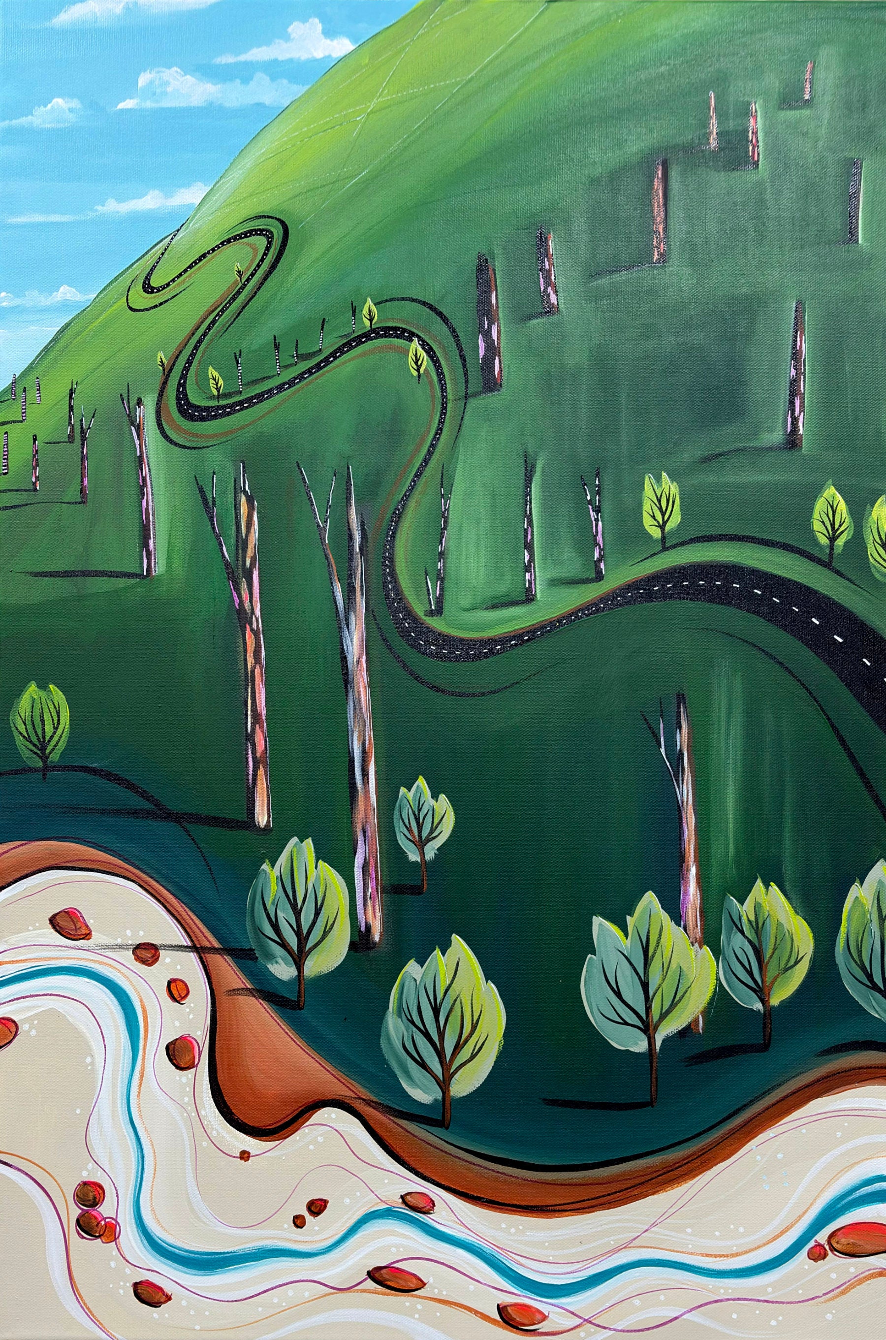 The Road That Skipped Away by Australian artist Tania Chanter, original, acrylic on canvas, whimsical abstract landscape 51x77cm.